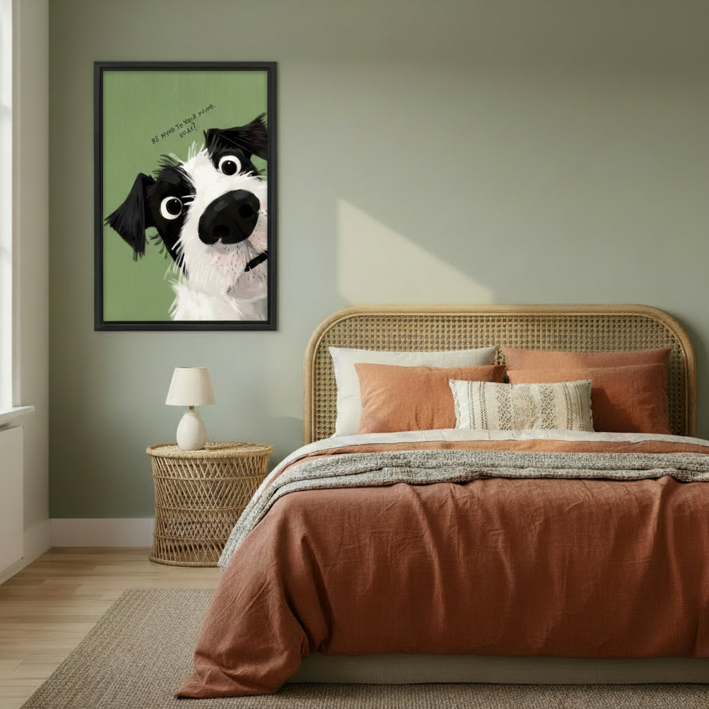 Border collie Be Kind To Your Mind canvas wall art displayed in a cozy bedroom — charming pet illustration print for modern home decor