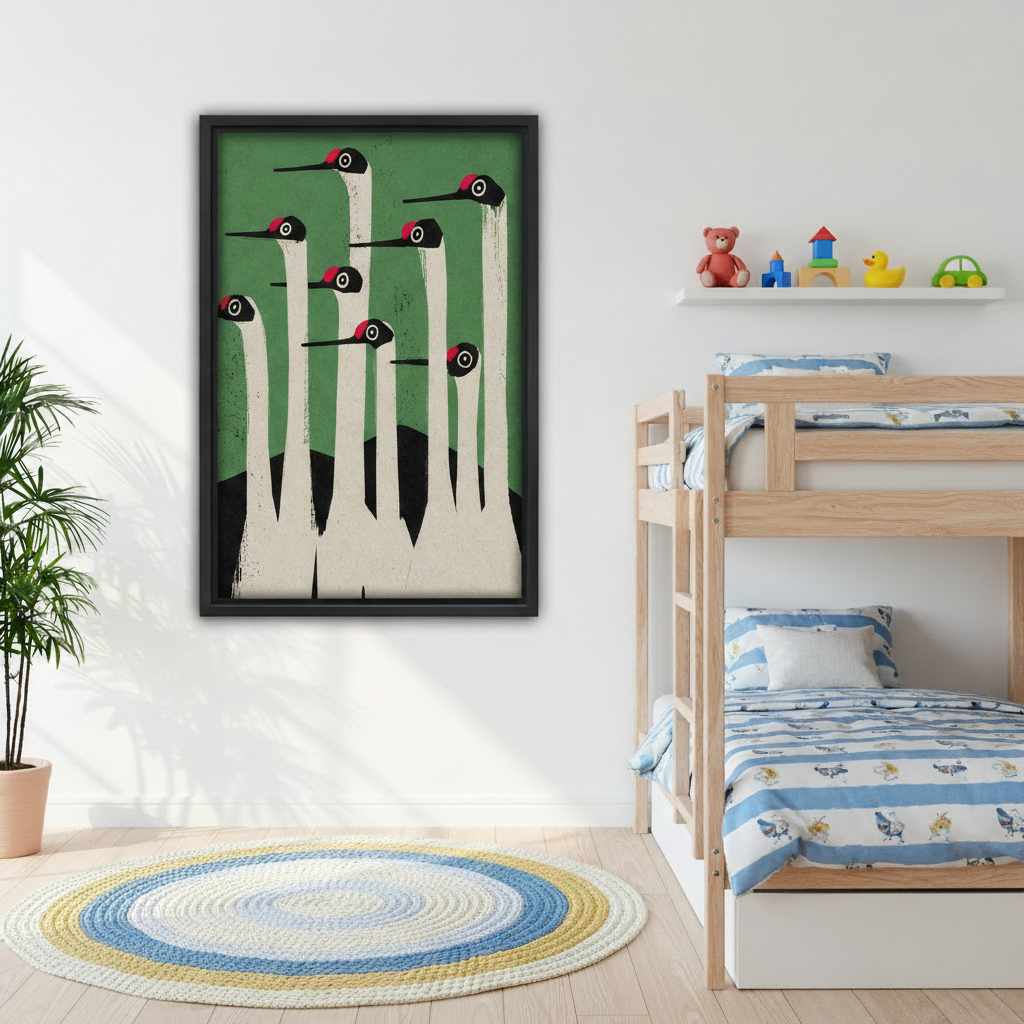 Japanese crane canvas print hanging in bright living room above sofa, minimalist green bird wall art for modern zen home decor