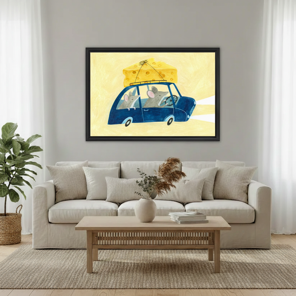 Kids watercolor wall art print featuring mice road trip — cheerful blue car and cheese illustration in black frame