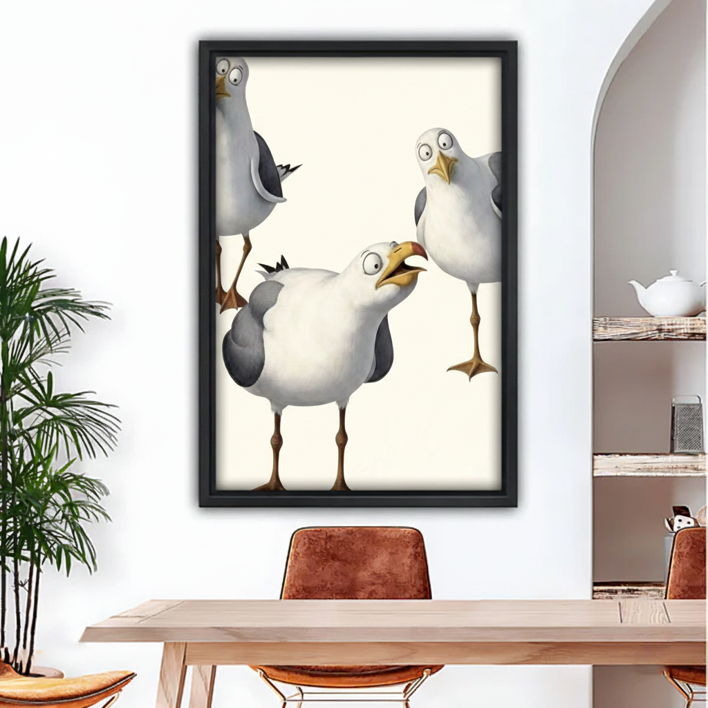 Funny seagull trio 3D cartoon framed canvas wall art – black frame above modern dining table