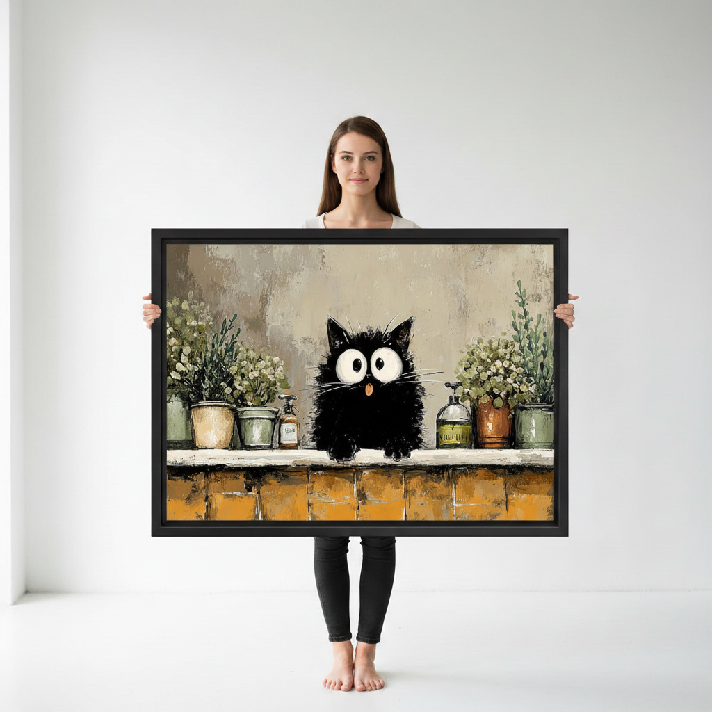 Black cat framed wall art print displayed on console table in modern living room