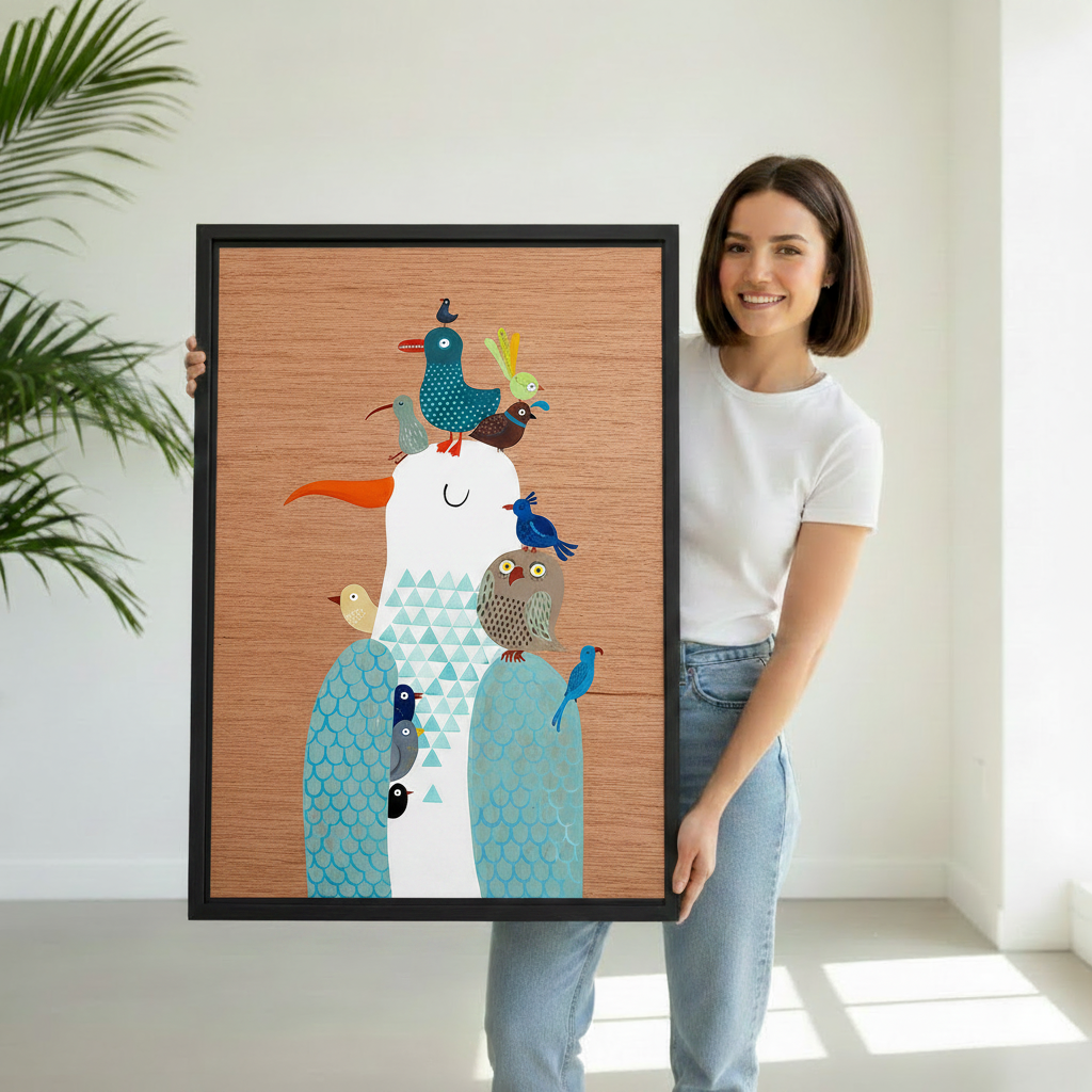 Woman holding stacked birds folk art canvas wall art, colorful whimsical bird tower framed print gift for bird lovers