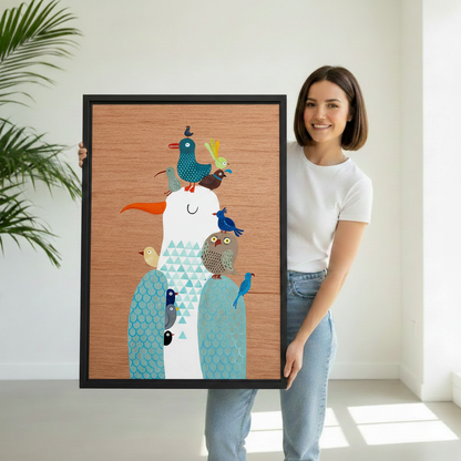 Woman holding stacked birds folk art canvas wall art, colorful whimsical bird tower framed print gift for bird lovers