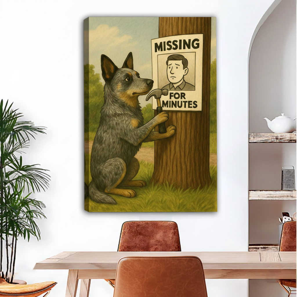 Humorous dog wall art frameless gallery wrap canvas print displayed in bright living room as statement piece