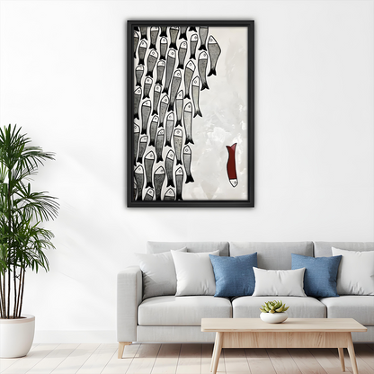Minimalist grey and red fish school canvas wall art styled in a modern living room