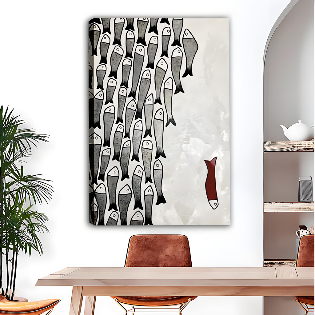 Black framed canvas print of a bold red fish breaking away from a monochrome fish school