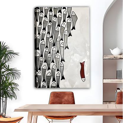 Black framed canvas print of a bold red fish breaking away from a monochrome fish school