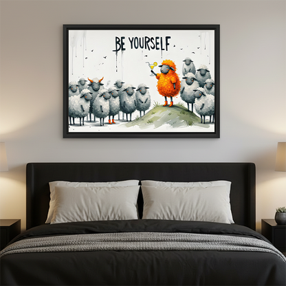Framed Be Yourself sheep canvas wall art hangs above a dark bed in a bedroom.