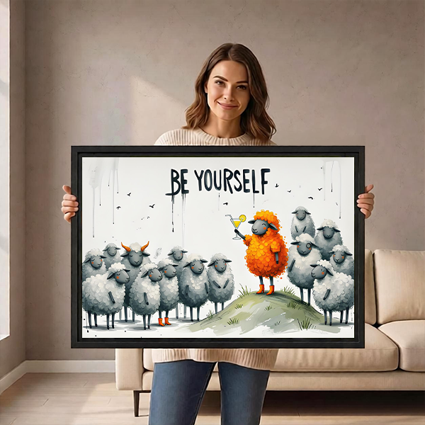 Framed Be Yourself sheep canvas wall art hangs above a black entryway table with plants.
