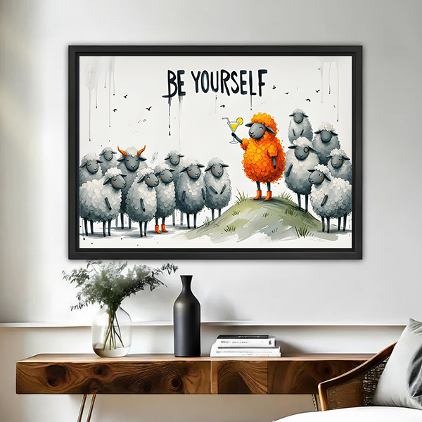 Framed Be Yourself sheep canvas wall art with orange sheep hangs above a wooden console.