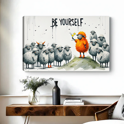 Gallery-wrap Be Yourself sheep canvas wall art hangs over a console with gray flock and orange sheep.