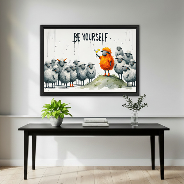 Woman holds framed Be Yourself sheep canvas wall art showing one orange sheep amid gray sheep.