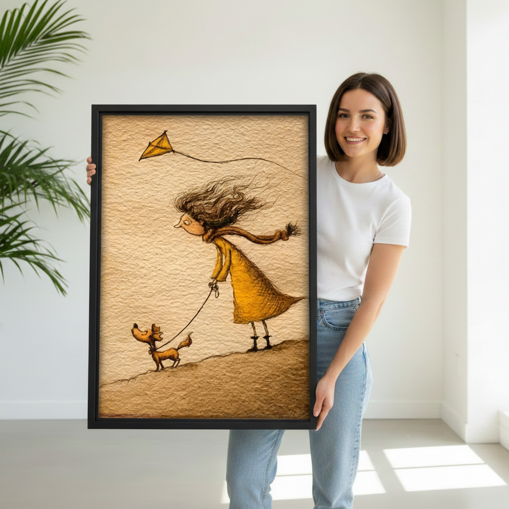 Woman holding whimsical girl walking dog vintage illustration, black framed wall art print, warm sepia tones, gift idea