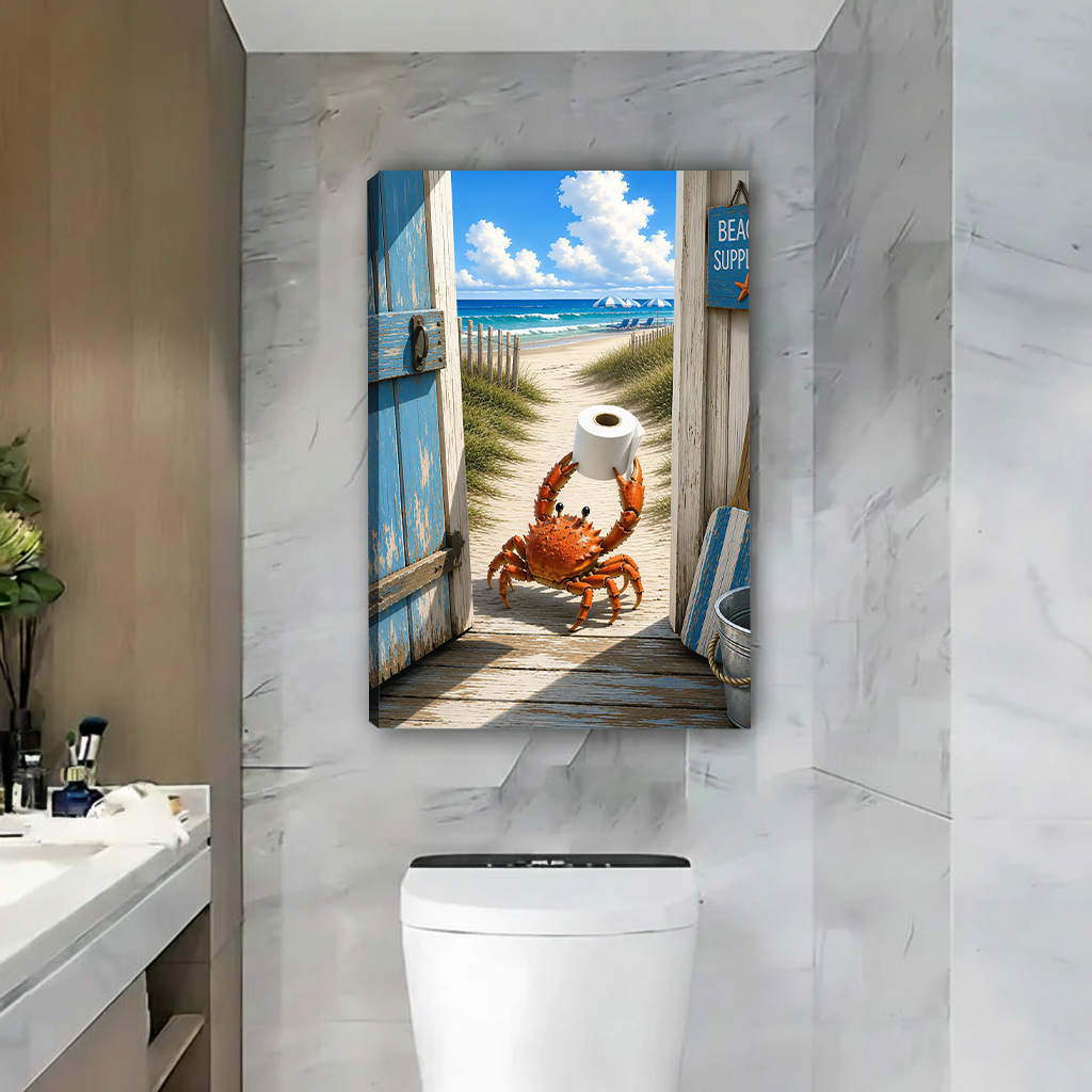Black-framed beach crab canvas wall art beside a wooden vanity and round mirror in a bright bathroom.