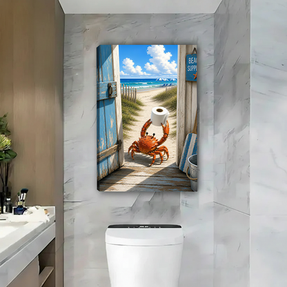 Black-framed beach crab canvas wall art beside a wooden vanity and round mirror in a bright bathroom.