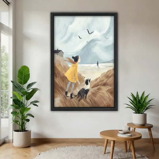 Coastal girl and dog watercolor art in black frame on white wall flanked by large green indoor plants