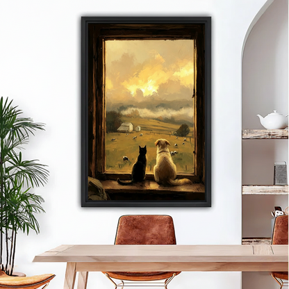 Cat and dog sunset farmhouse oil painting canvas wall art in black frame above wooden dining table in cozy room