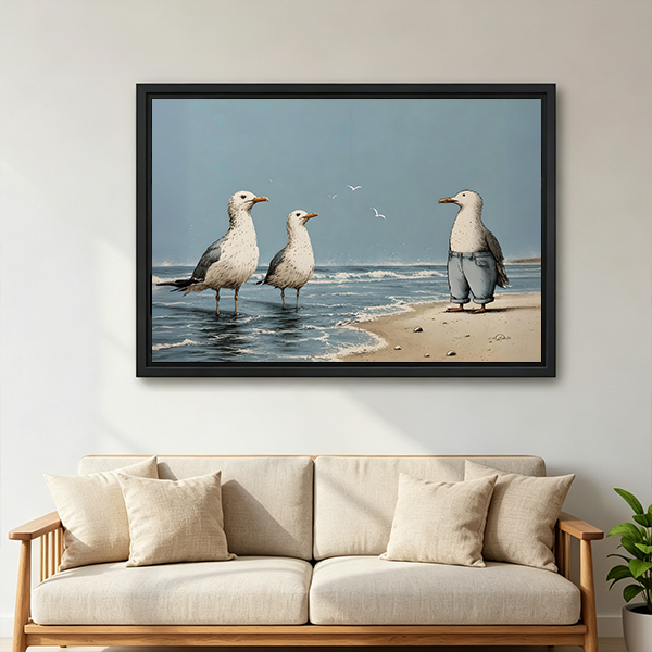 Whimsical beach seagulls canvas wall art in a black frame displayed above a white bed with a wooden headboard.