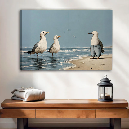 Gallery-wrap beach seagulls canvas wall art showing two birds in the surf and one wearing trousers on shore.