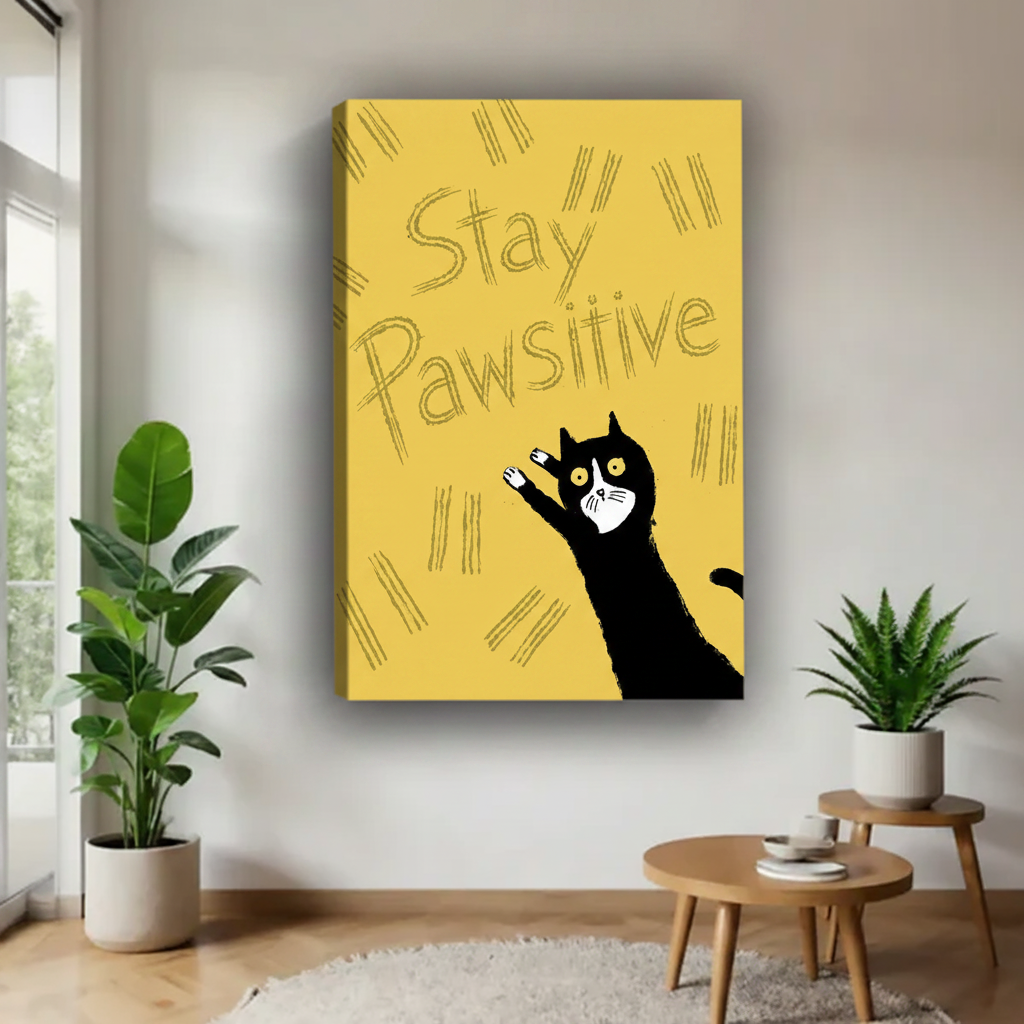 Funny Stay Pawsitive black cat retro illustration frameless gallery wrap canvas – mustard yellow background, quirky motivational cat quote art displayed in modern white living room with leafy plants