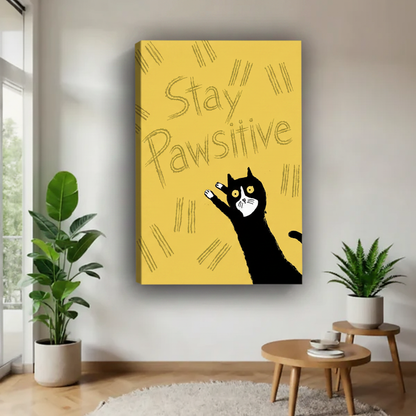 Funny Stay Pawsitive black cat retro illustration frameless gallery wrap canvas – mustard yellow background, quirky motivational cat quote art displayed in modern white living room with leafy plants
