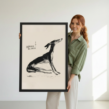 Greyhound big stretch vintage ink sketch canvas wall art in black frame in minimalist living room — whimsical dog illustration print