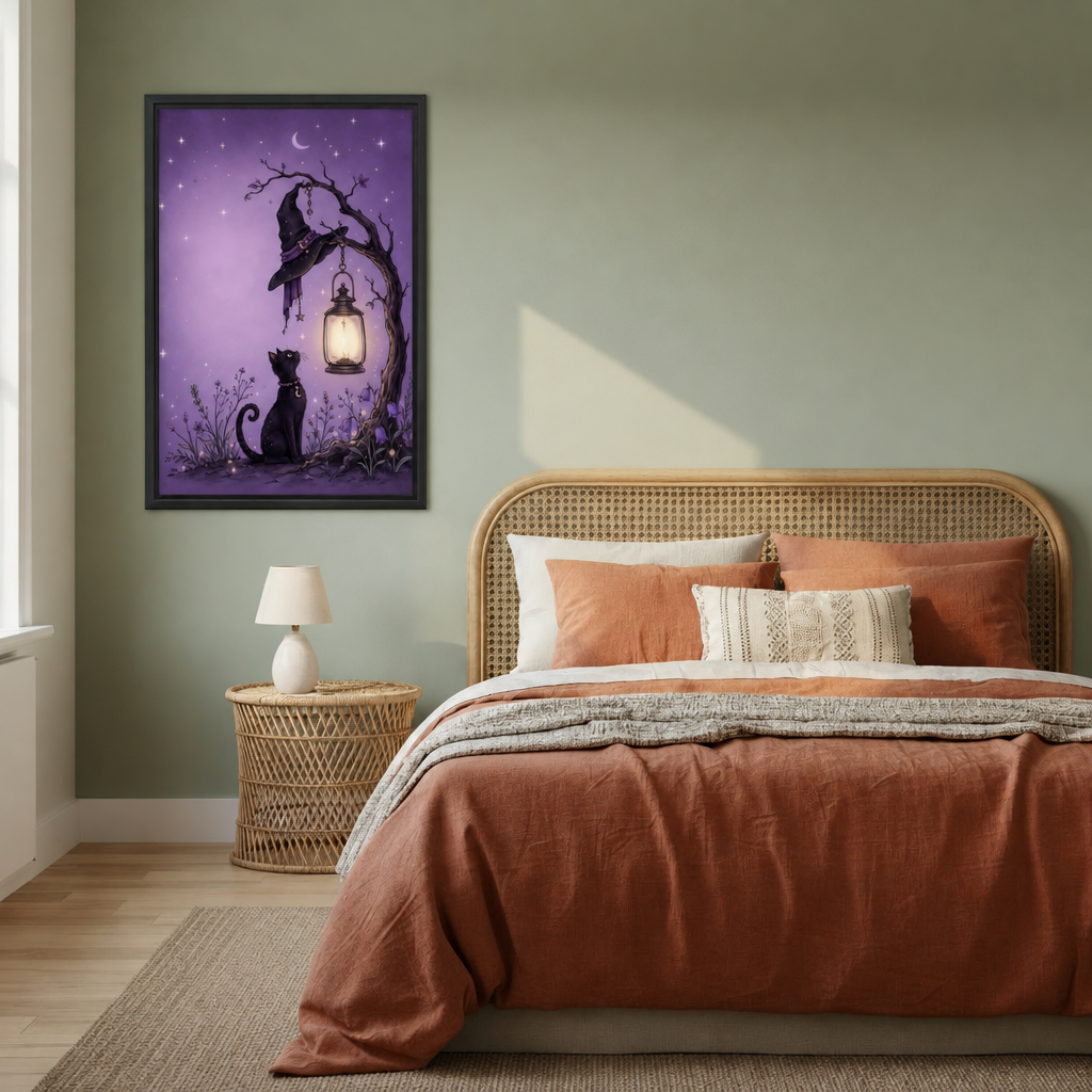Black cat and witch hat canvas wall art decorates a bedroom with a curious cat, hanging hat, and moonlit branches.