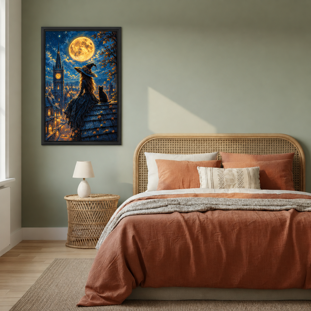 Witch and black cat canvas wall art adds a moonlit rooftop, autumn leaves, and a clock tower to a bedroom.