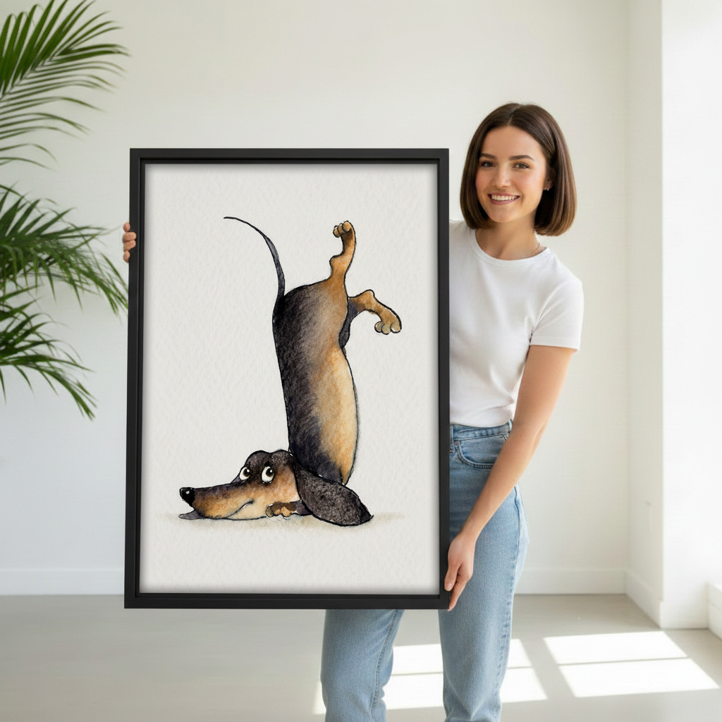 Funny dachshund yoga watercolor wall art held by woman — wiener dog stretch print in black frame, perfect gift for dog lovers