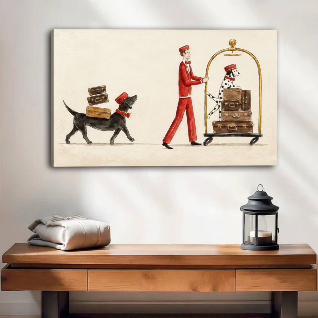 Frameless canvas of red bellboy pushing gold hotel cart with dalmatian and dachshund carrying suitcases above wood console table