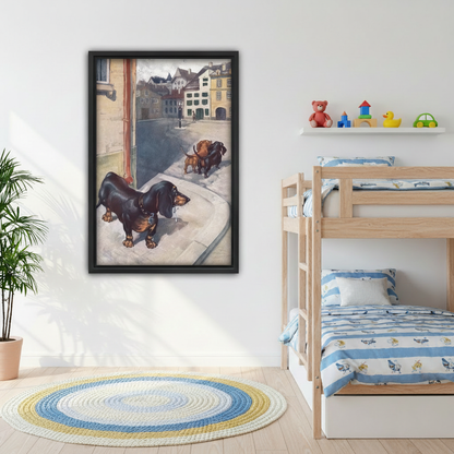 Dachshund heartbreak European street canvas print in cozy bedroom, vintage retro dog wall art for dog lovers