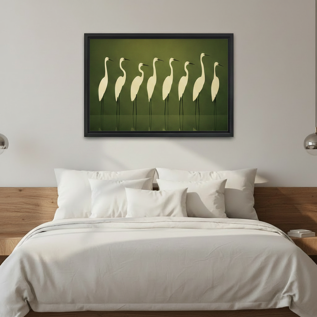 Minimalist white egrets framed canvas wall art above bed in calm bedroom, zen nature-inspired sleep space decor