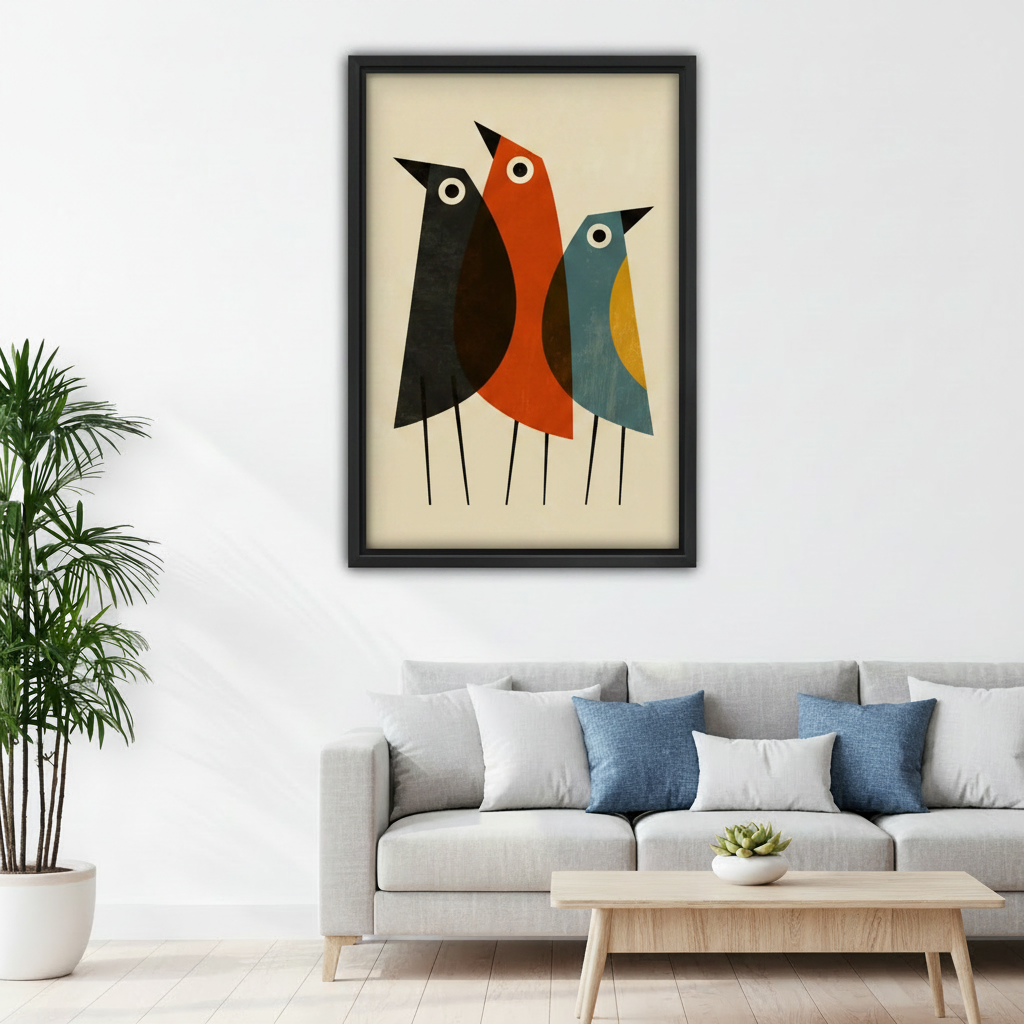 Abstract three birds mid-century modern canvas print, black frame, minimalist bedroom wall art, geometric bird home decor