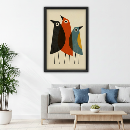 Abstract three birds mid-century modern canvas print, black frame, minimalist bedroom wall art, geometric bird home decor