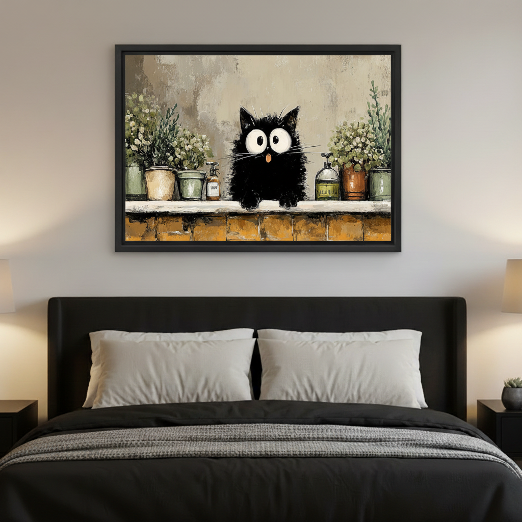 Whimsical black cat canvas print above bed, bedroom wall art decor