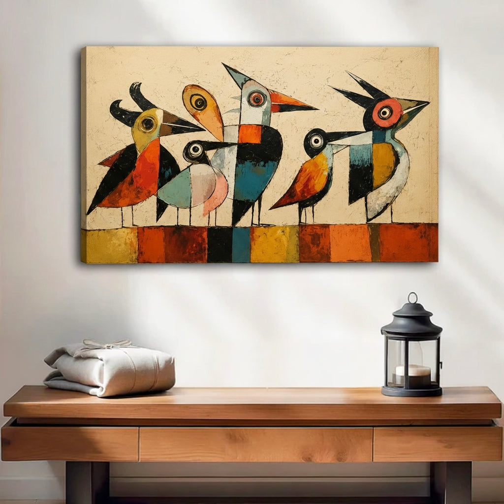 Abstract colorful birds canvas wall art frameless gallery wrap, bold cubist geometric bird print with visible canvas edges, eclectic home decor