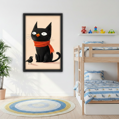 Black cat red scarf canvas wall art above gray sofa in bright Scandinavian living room