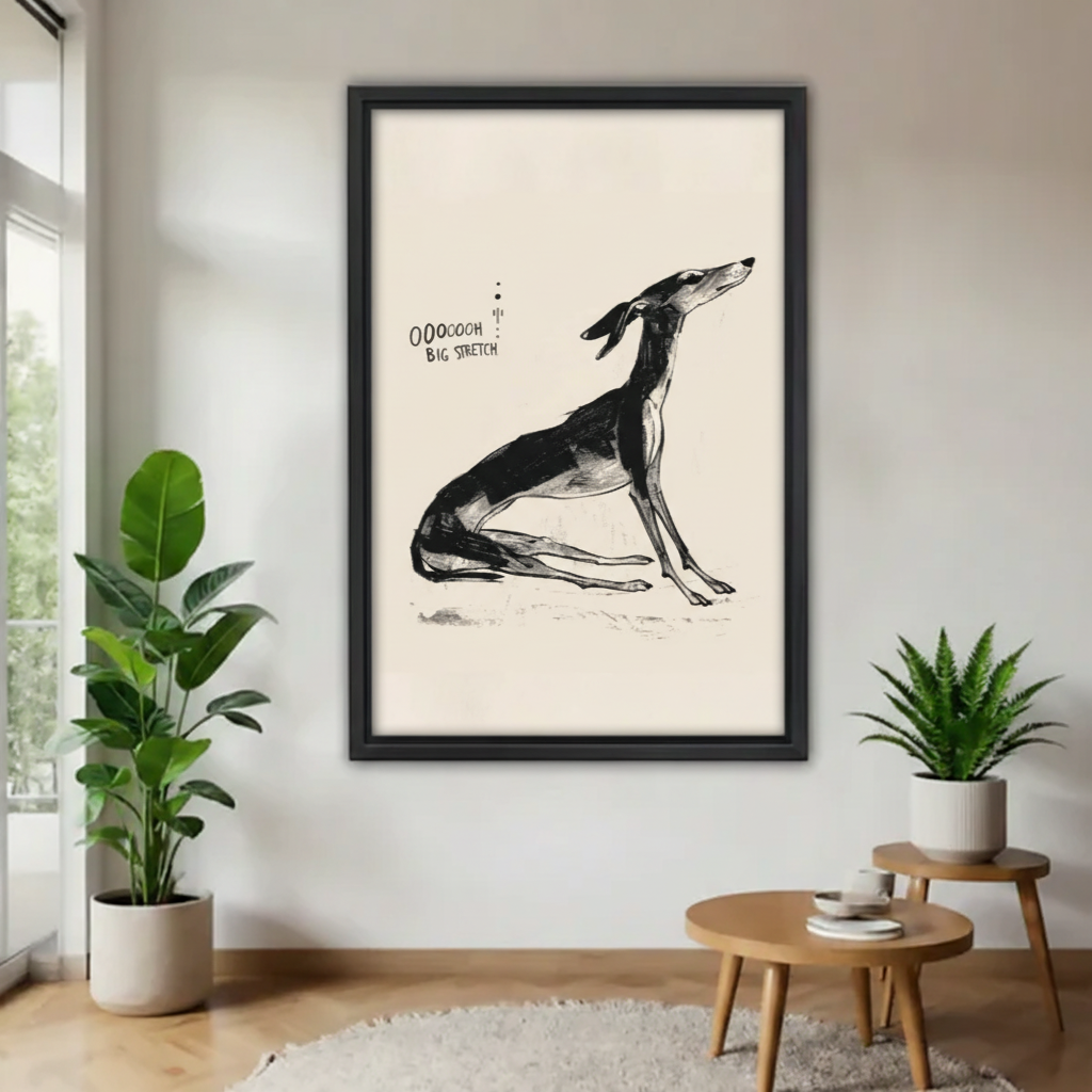 Greyhound big stretch vintage ink sketch canvas wall art in black frame — minimal black and white dog illustration, witty pet wall decor for living room