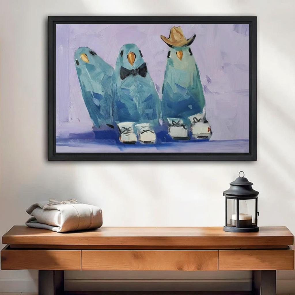 Whimsical parakeet trio canvas wall art in black floating frame, three teal birds in sneakers and hats hung above wooden console table with lantern