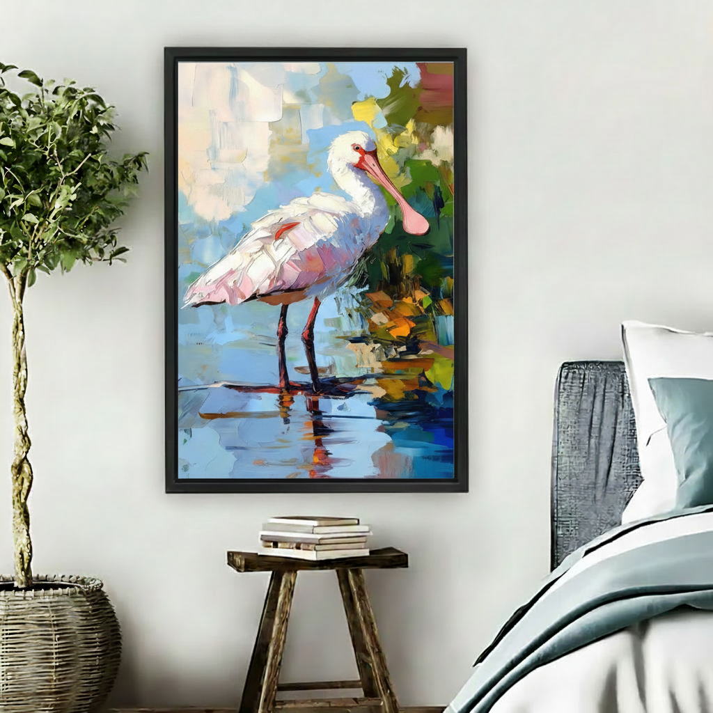 Roseate spoonbill bird impasto canvas wall art print in black frame hanging in bright bedroom with green plant and blue bedding