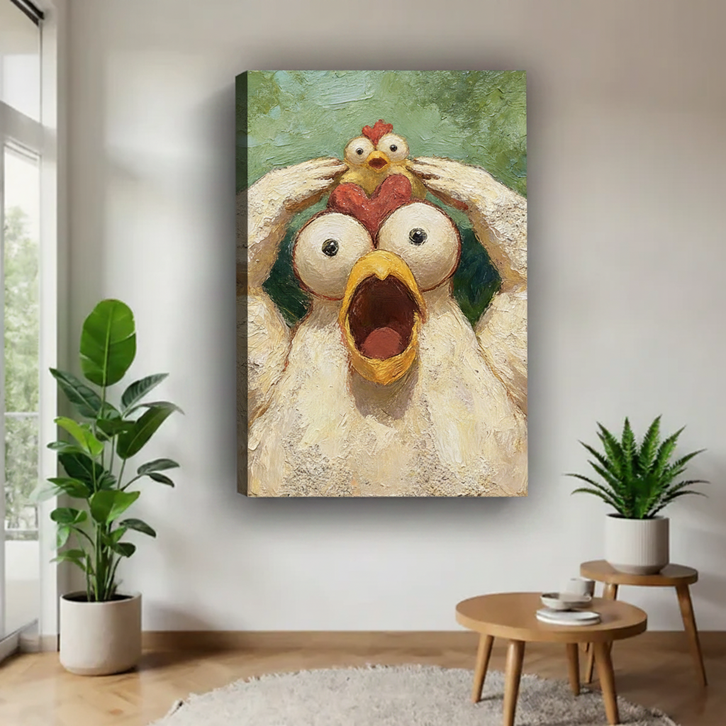 Frameless gallery-wrap canvas featuring a wide-eyed screaming chicken with a tiny chick perched on its head in rich impasto oil-paint texture