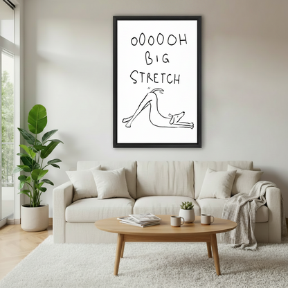 Framed minimalist line art print of dog doing big stretch with handwritten text, displayed above white sofa in bright modern living room