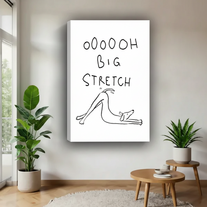 Gallery wrap frameless canvas of funny dog big stretch minimalist line art, showing thick white canvas edges in modern living room