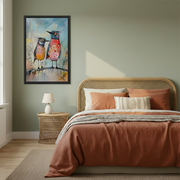 Framed colorful bird duo wall art print displayed in warm-toned bedroom above rattan headboard