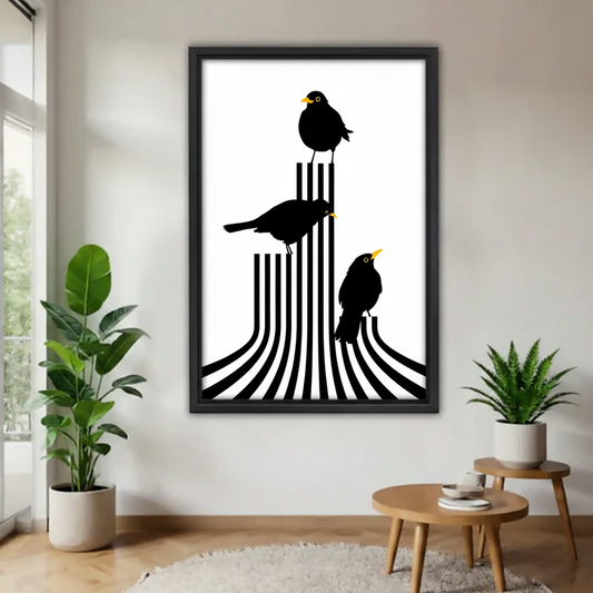 Minimalist black and white bird stripe poster in black frame hanging in bright contemporary living room