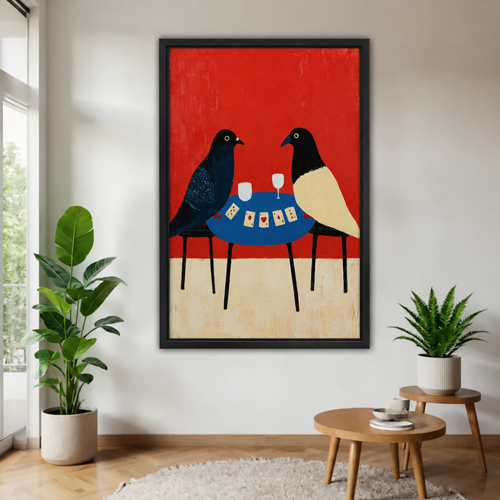 Black-framed birds playing cards canvas wall art with a red background displayed between plants and wooden tables.