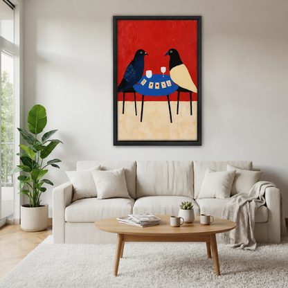 Birds playing cards canvas wall art in a black frame above a cream sofa and wooden coffee table.