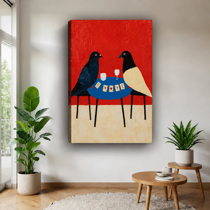 Gallery-wrapped birds playing cards canvas wall art featuring a blue table and red background beside a bright window.