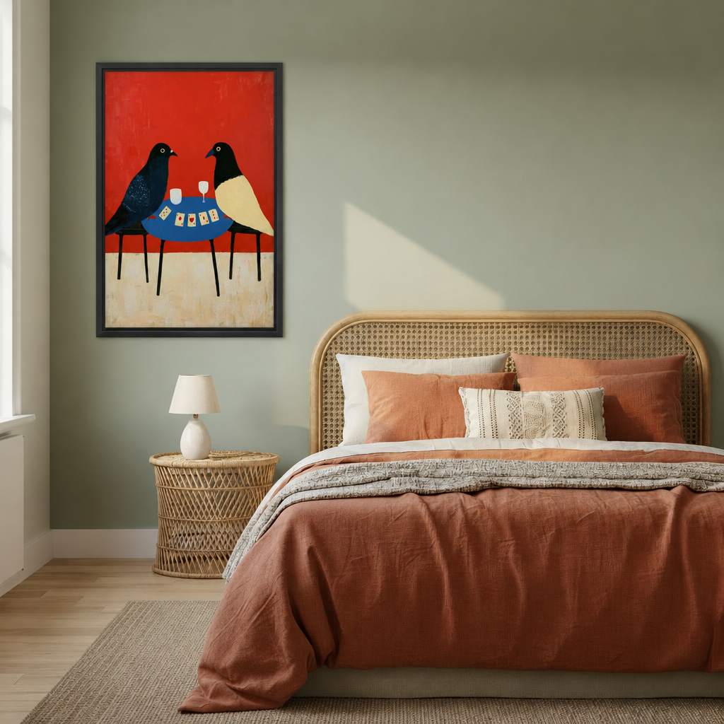 Framed birds playing cards canvas wall art beside a rattan bed with terracotta bedding against a sage wall.
