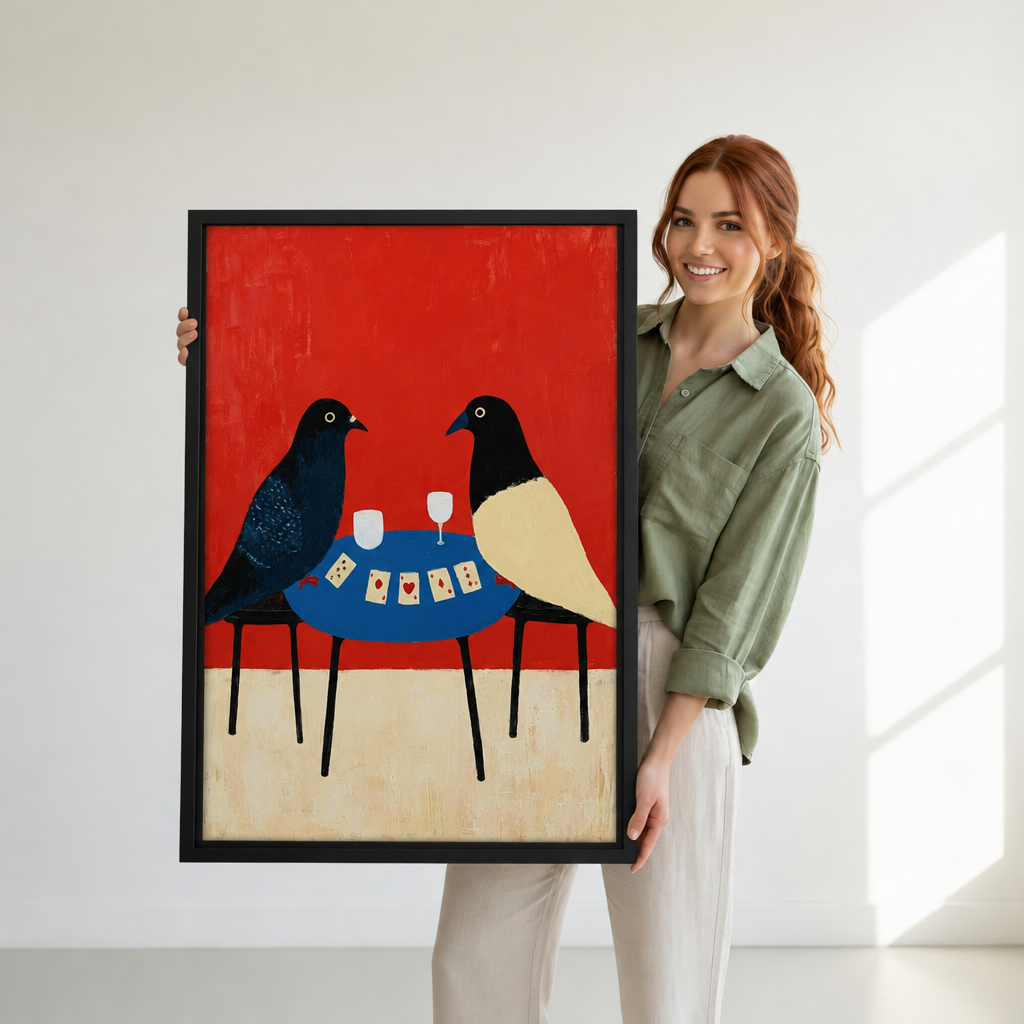 Woman holding framed birds playing cards canvas wall art featuring two stylized birds around a round blue table.